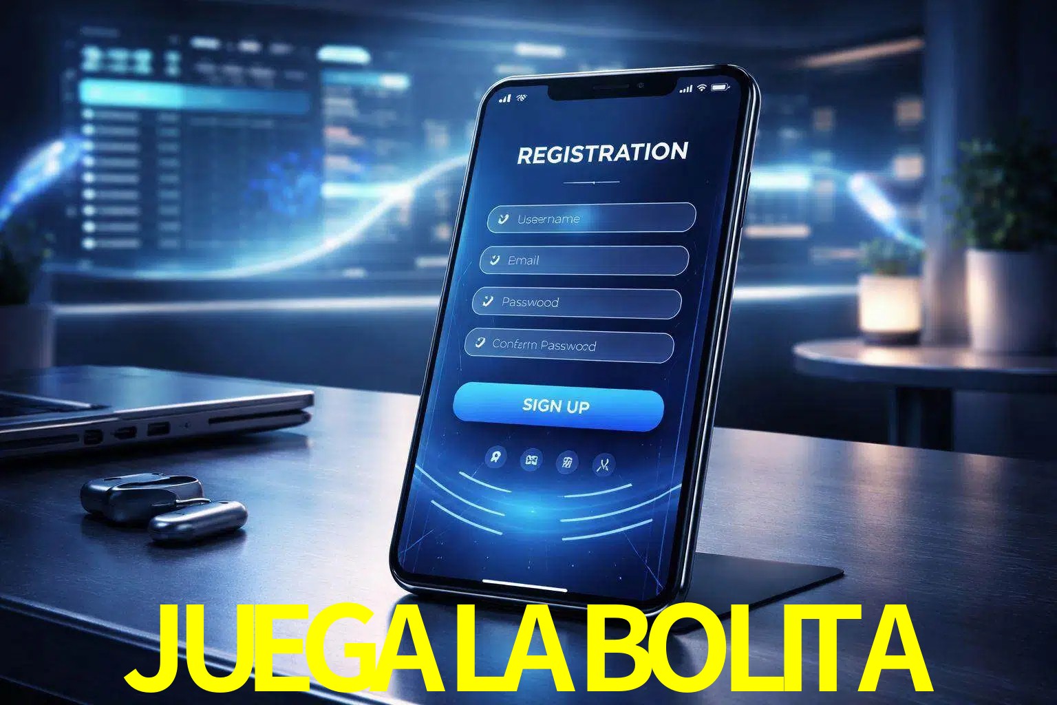 Una interfaz moderna de registro móvil para JUEGALABOLITA mostrada en un smartphone con un panel de apuestas elegante.